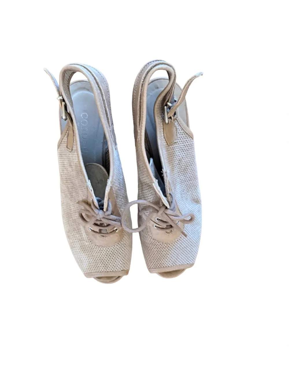 Cordani Suede Peep-Toe Wedge Sandals in Beige